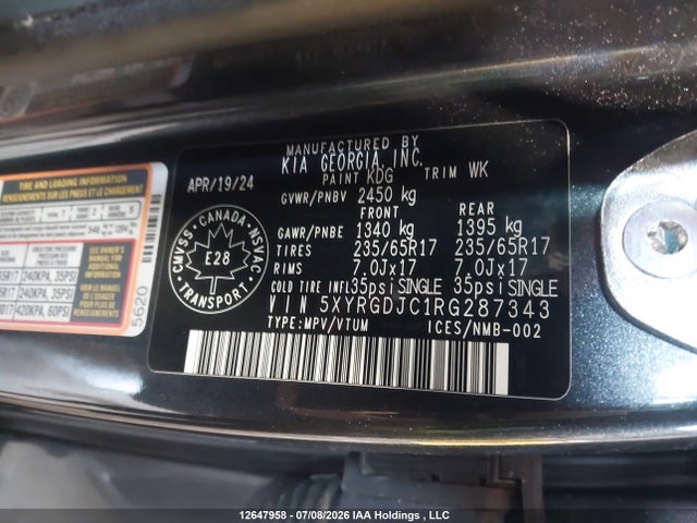 12647958 :رقم المزاد ، 5XYRGDJC1RG287343 vin ، 2024 Kia Sorento Lx مزاد بيع