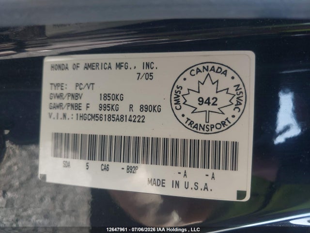 2005 Honda Accord Dx მანქანა იყიდება აუქციონზე, vin: 1HGCM56185A814222, აუქციონის ნომერი: 12647961