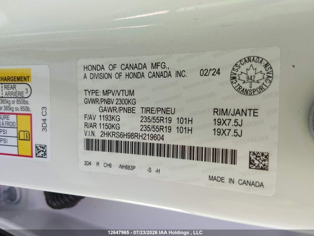 12647965 :رقم المزاد ، 2HKRS6H98RH219604 vin ، 2024 Honda Cr-v Sport Touring مزاد بيع