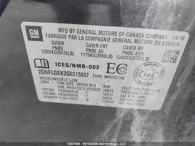 Aukcja sprzedaży 2016 Chevrolet Equinox Ltz, vin: 2GNFLGEK2G6313807, numer aukcji: 12637984