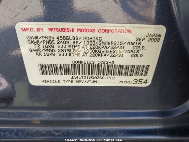Aukcja sprzedaży 2009 Mitsubishi Outlander Es, vin: JA4LT21W09Z601222, numer aukcji: 12643211