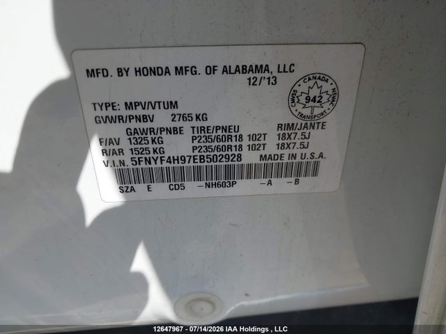 Продаж на аукціоні авто 2014 Honda Pilot Touring, vin: 5FNYF4H97EB502928, номер лоту: 12647967