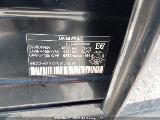 12647984 :رقم المزاد ، WDDFH33X29J478091 vin ، 2009 Mercedes-benz B 200 مزاد بيع
