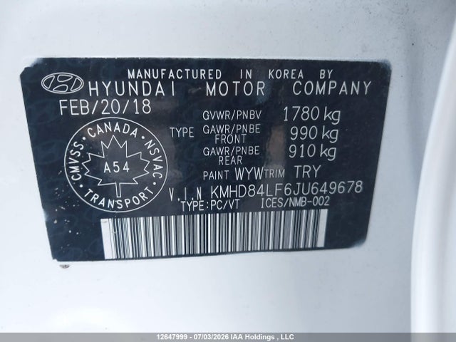 Aukcja sprzedaży 2018 Hyundai Elantra Gl, vin: KMHD84LF6JU649678, numer aukcji: 12647999