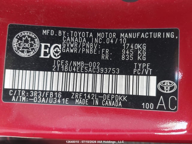 Продажа на аукционе авто 2010 Toyota Corolla Ce, vin: 2T1BU4EE5AC393753, номер лота: 12648010