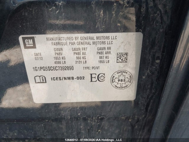 2012 Chevrolet Cruze Lt Turbo მანქანა იყიდება აუქციონზე, vin: 1G1PG5SC6C7392890, აუქციონის ნომერი: 12648012