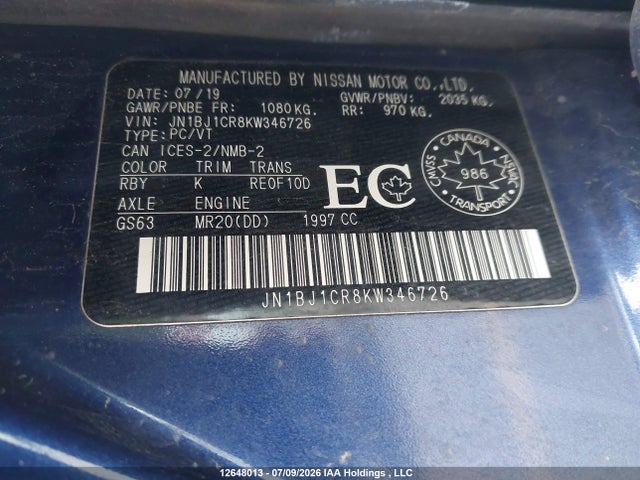 2019 Nissan Qashqai S/sl/sv მანქანა იყიდება აუქციონზე, vin: JN1BJ1CR8KW346726, აუქციონის ნომერი: 12648013