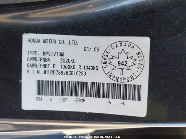 Продаж на аукціоні авто 2006 Honda Cr-v Ex, vin: JHLRD78876C816230, номер лоту: 12648015