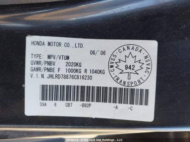 Продаж на аукціоні авто 2006 Honda Cr-v Ex, vin: JHLRD78876C816230, номер лоту: 12648015