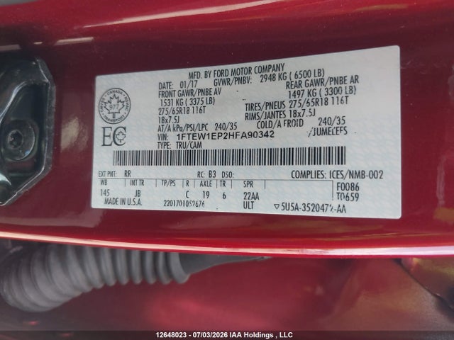 12648023 :رقم المزاد ، 1FTEW1EP2HFA90342 vin ، 2017 Ford F150 Supercrew مزاد بيع