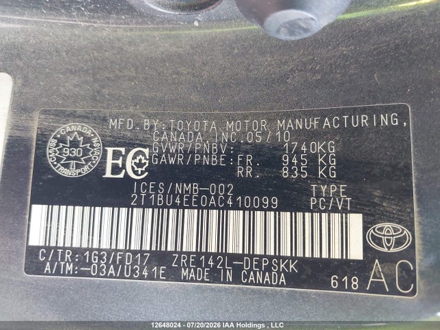 Продаж на аукціоні авто 2010 Toyota Corolla S, vin: 2T1BU4EE0AC410099, номер лоту: 12648024