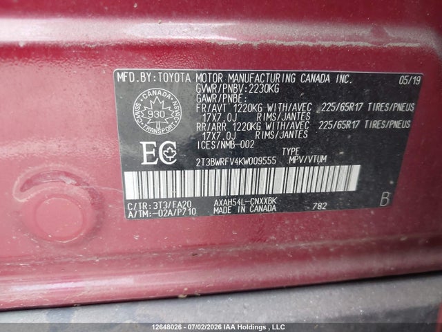 2T3BWRFV4KW009555 Toyota Rav4 Hybrid Le