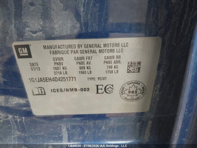 Aukcja sprzedaży 2013 Chevrolet Sonic Ls Auto, vin: 1G1JA5EH4D4251771, numer aukcji: 12648030