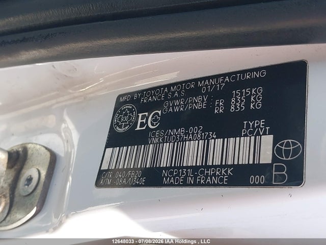 2017 Toyota Yaris L/le/se მანქანა იყიდება აუქციონზე, vin: VNKKTUD37HA081734, აუქციონის ნომერი: 12648033