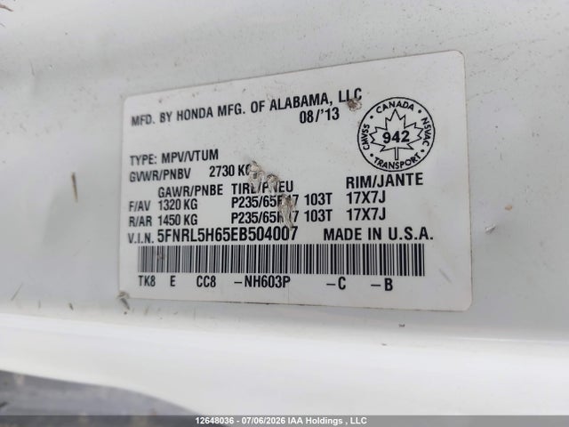 Honda ODYSSEY EXL 2014 5FNRL5H65EB504007 Image 9