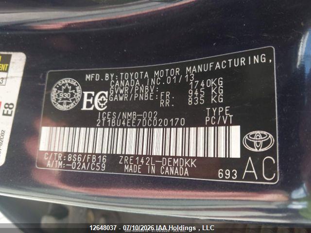 12648037 :رقم المزاد ، 2T1BU4EE7DC020170 vin ، 2013 Toyota Corolla S/le مزاد بيع