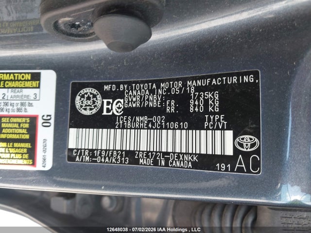 Aukcja sprzedaży 2018 Toyota Corolla L/le/xle/se/xse, vin: 2T1BURHE4JC110610, numer aukcji: 12648038