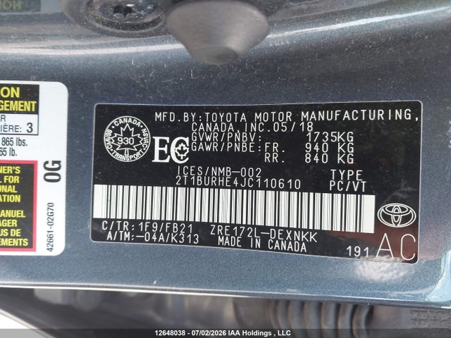 Aukcja sprzedaży 2018 Toyota Corolla L/le/xle/se/xse, vin: 2T1BURHE4JC110610, numer aukcji: 12648038