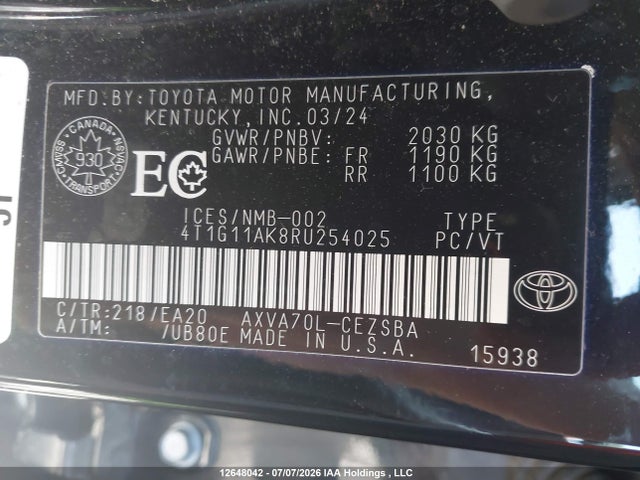 Aukcja sprzedaży 2024 Toyota Camry Se Night Shade/se, vin: 4T1G11AK8RU254025, numer aukcji: 12648042