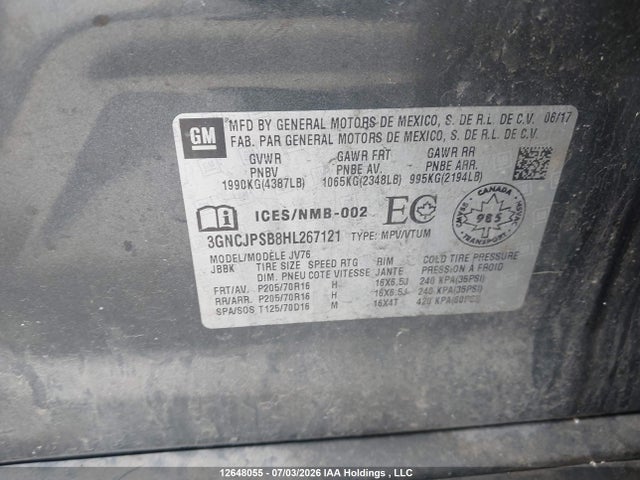 12648055 :رقم المزاد ، 3GNCJPSB8HL267121 vin ، 2017 Chevrolet Trax Lt مزاد بيع