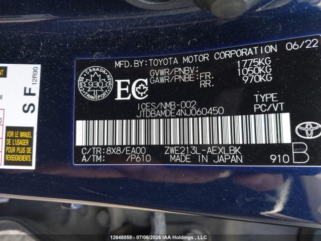 Aukcja sprzedaży 2022 Toyota Corolla Hybrid Base W/li Battery, vin: JTDBAMDE4NJ060450, numer aukcji: 12648058
