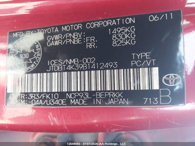 12648060 :رقم المزاد ، JTDBT4K39B1412493 vin ، 2011 Toyota Yaris مزاد بيع