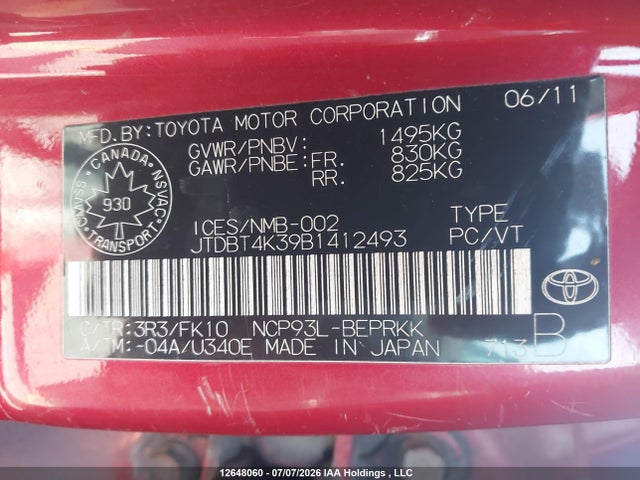12648060 :رقم المزاد ، JTDBT4K39B1412493 vin ، 2011 Toyota Yaris مزاد بيع