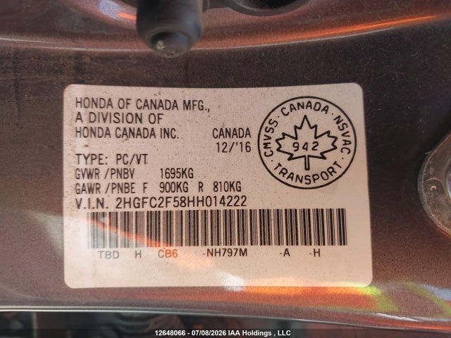 Honda Civic Lx 2017 2HGFC2F58HH014222 Image 9