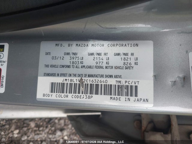 Продаж на аукціоні авто 2012 Mazda Mazda3 Gs-sky, vin: JM1BL1V72C1632640, номер лоту: 12648081
