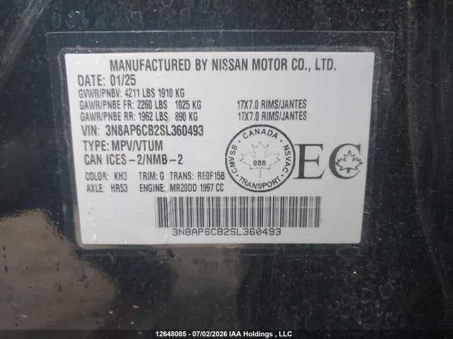 2025 Nissan Kicks Sv Intelligent Awd მანქანა იყიდება აუქციონზე, vin: 3N8AP6CB2SL360493, აუქციონის ნომერი: 12648085