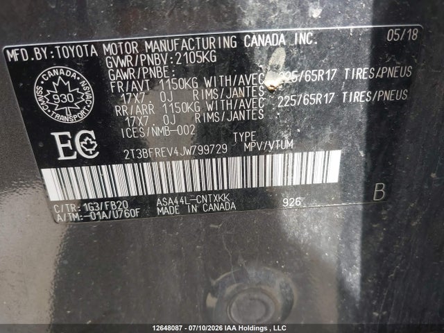 2T3BFREV4JW799729 Toyota RAV4