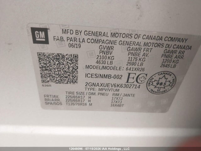 Продажа на аукционе авто 2019 Chevrolet Equinox 1lt, vin: 2GNAXUEV6K6302714, номер лота: 12648096