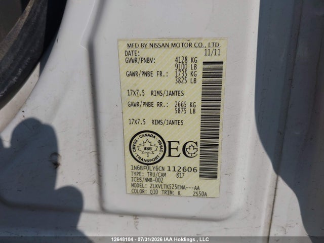 Aukcja sprzedaży 2012 Nissan Nv 2500, vin: 1N6BF0LY6CN112606, numer aukcji: 12648104