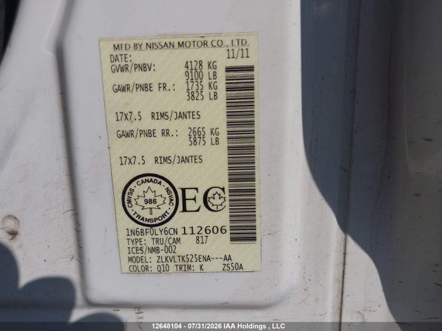 Aukcja sprzedaży 2012 Nissan Nv 2500, vin: 1N6BF0LY6CN112606, numer aukcji: 12648104