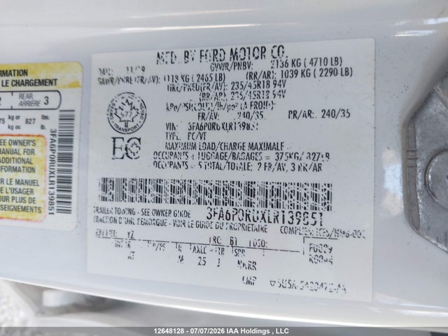 12648128 :رقم المزاد ، 3FA6P0RUXLR139851 vin ، 2020 Ford Fusion Titanium مزاد بيع