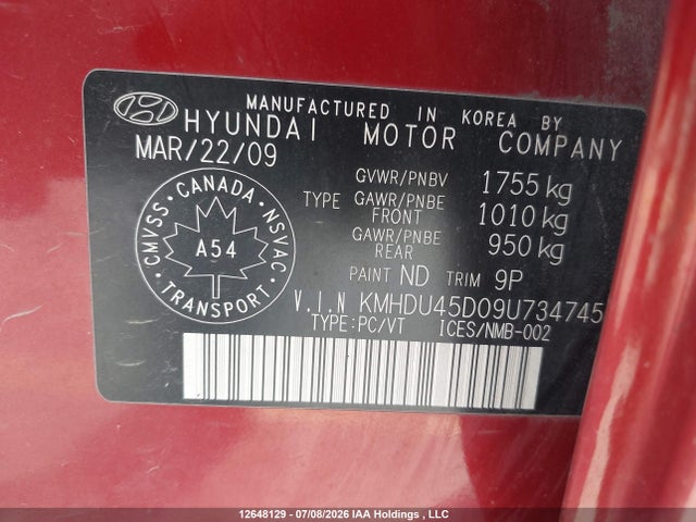 Продаж на аукціоні авто 2009 Hyundai Elantra, vin: KMHDU45D09U734745, номер лоту: 12648129