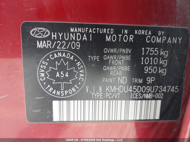 Продаж на аукціоні авто 2009 Hyundai Elantra, vin: KMHDU45D09U734745, номер лоту: 12648129