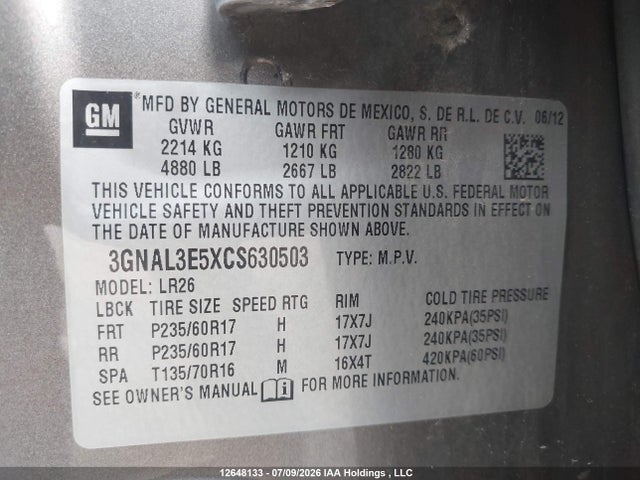 2012 Chevrolet Captiva Sport/lt მანქანა იყიდება აუქციონზე, vin: 3GNAL3E5XCS630503, აუქციონის ნომერი: 12648133
