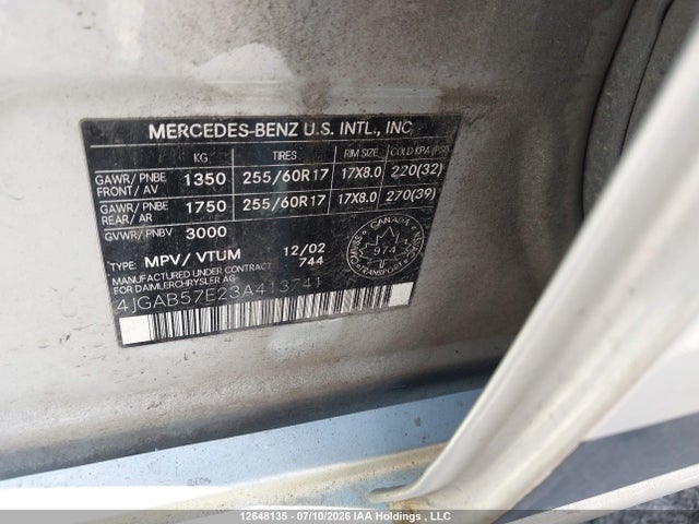 Aukcja sprzedaży 2003 Mercedes-benz Ml 350, vin: 4JGAB57E23A413741, numer aukcji: 12648135