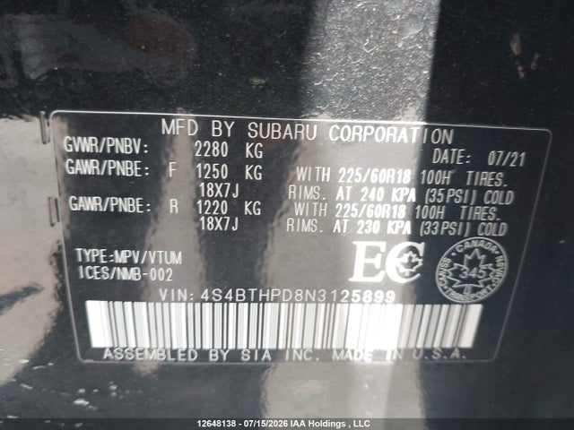 2022 Subaru Legacy Outback მანქანა იყიდება აუქციონზე, vin: 4S4BTHPD8N3125899, აუქციონის ნომერი: 12648138