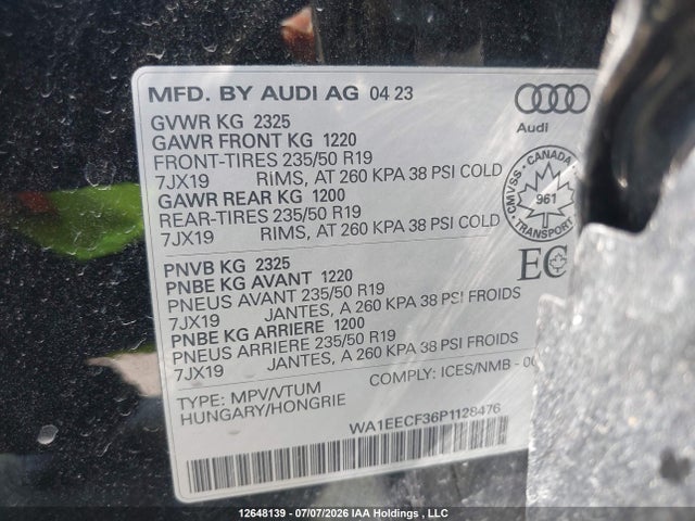 Продаж на аукціоні авто 2023 Audi Q3 Premium Plus S Line 45, vin: WA1EECF36P1128476, номер лоту: 12648139