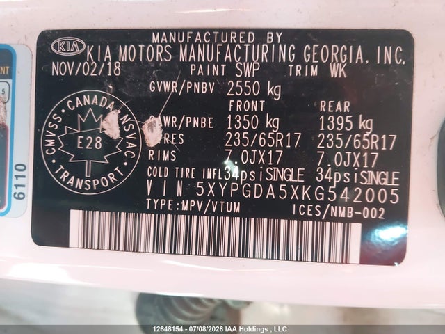 12648154 :رقم المزاد ، 5XYPGDA5XKG542005 vin ، 2019 Kia Sorento Lx/s مزاد بيع