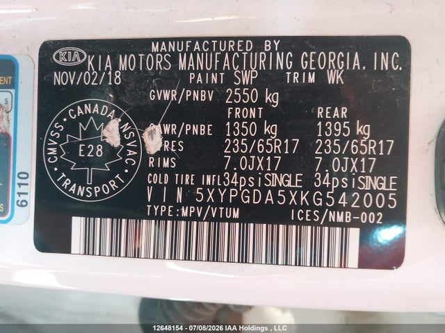 12648154 :رقم المزاد ، 5XYPGDA5XKG542005 vin ، 2019 Kia Sorento Lx/s مزاد بيع