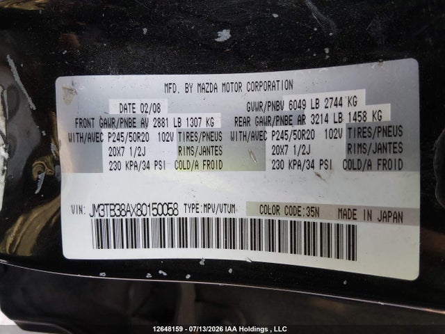 Продажа на аукционе авто 2008 Mazda Cx-9 Gs/gt, vin: JM3TB38AX80150058, номер лота: 12648159