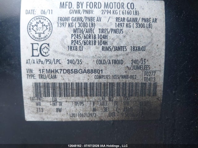 12648162 :رقم المزاد ، 1FMHK7D85BGA88801 vin ، 2011 Ford Explorer Xlt مزاد بيع
