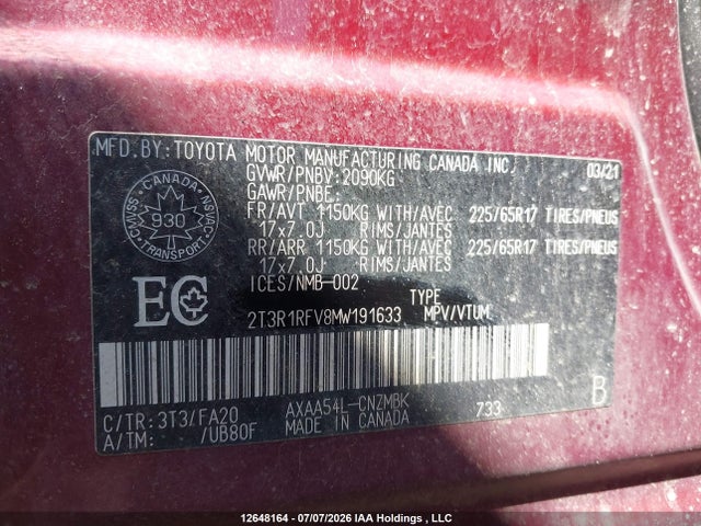 12648164 :رقم المزاد ، 2T3R1RFV8MW191633 vin ، 2021 Toyota Rav4 Xle مزاد بيع
