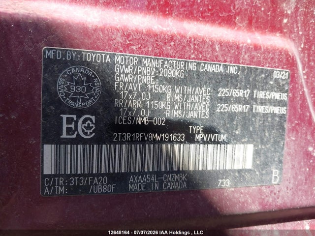 12648164 :رقم المزاد ، 2T3R1RFV8MW191633 vin ، 2021 Toyota Rav4 Xle مزاد بيع