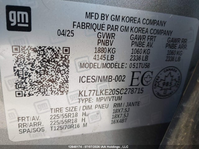 Aukcja sprzedaży 2025 Chevrolet Trax Activ Fwd, vin: KL77LKE20SC278715, numer aukcji: 12648174