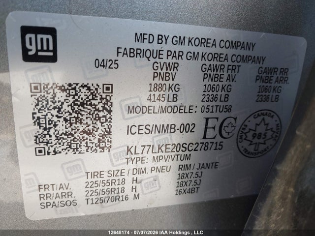 Aukcja sprzedaży 2025 Chevrolet Trax Activ Fwd, vin: KL77LKE20SC278715, numer aukcji: 12648174