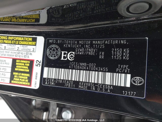 2026 Toyota Camry Hybrid Se Upgrade Awd მანქანა იყიდება აუქციონზე, vin: 4T1DBADK4TU043455, აუქციონის ნომერი: 12648175